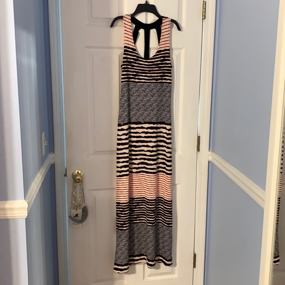 Red and white maxi dress with detailing on back
